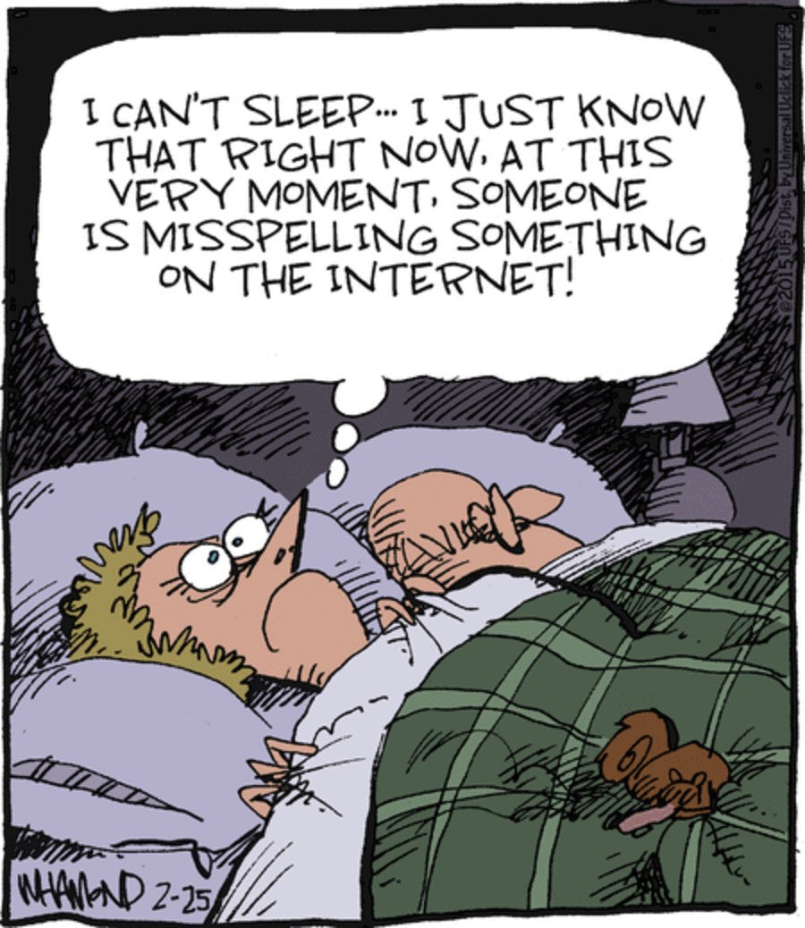 Clever comics featuring a character awake worrying about internet misspellings