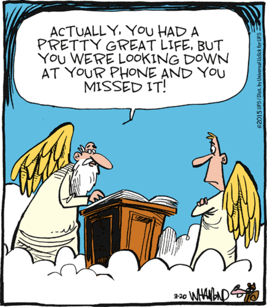 Clever comics with angels discussing missed life moments while looking at a phone