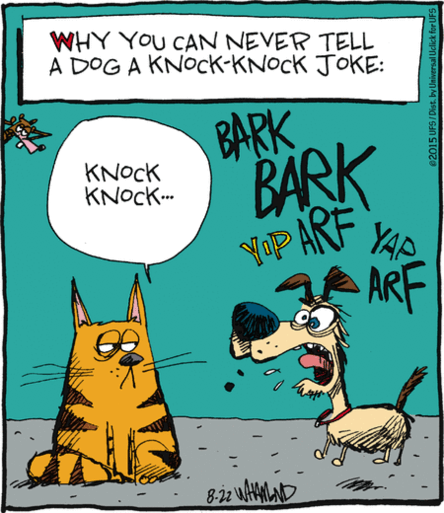 Clever comics explaining why dogs can't understand knock-knock jokes