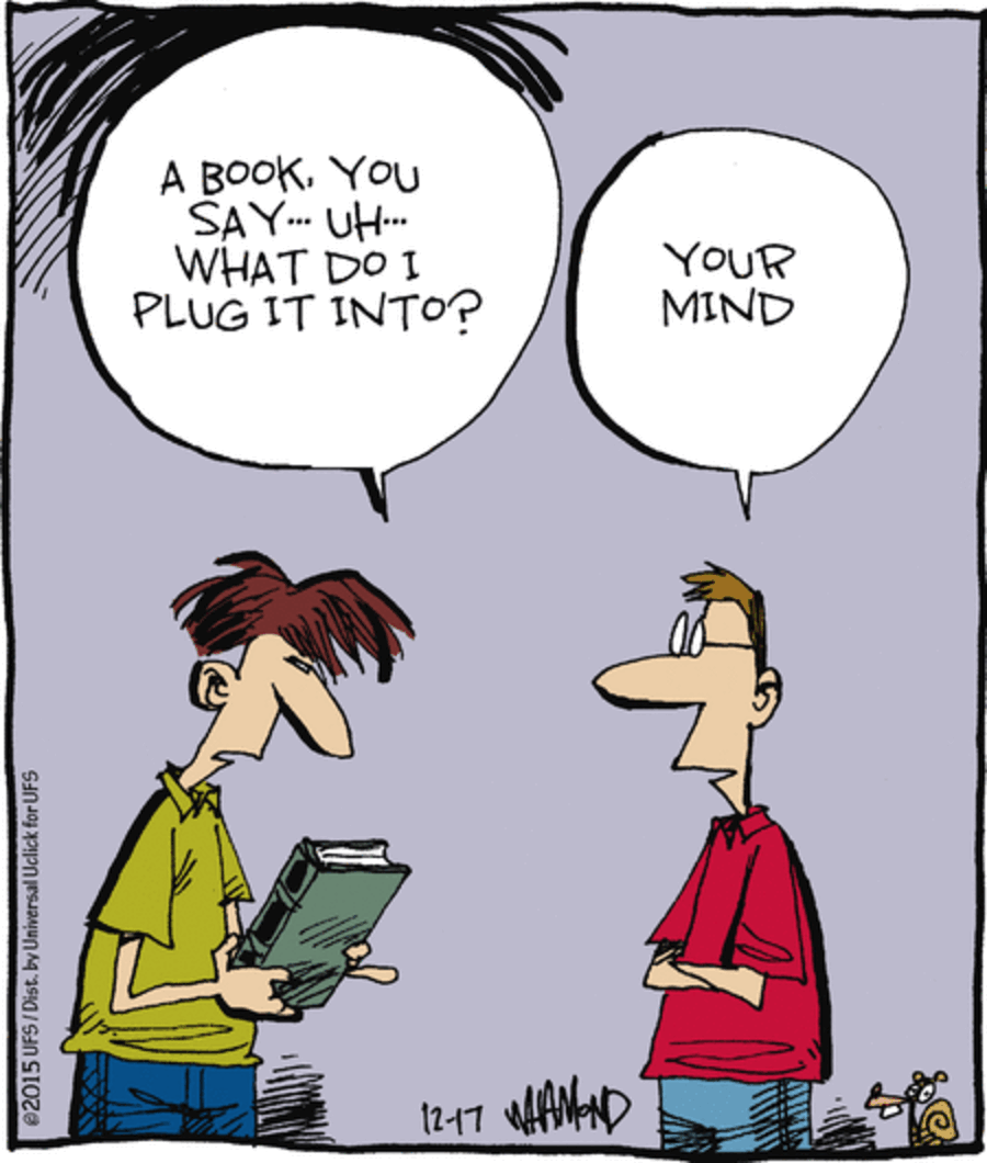 Clever comics showing a character asking where to plug a book into the mind