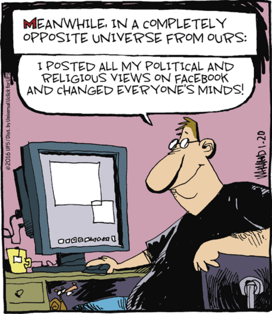 Comic about opposite universe with political views on Facebook by Dave Whamond