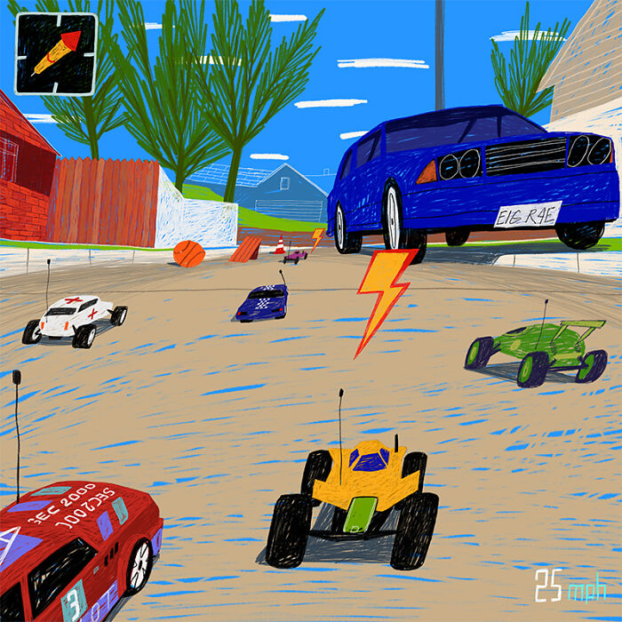 Nostalgic painting of a GTA Vice City scene with RC cars racing on a street, featuring a large blue car.