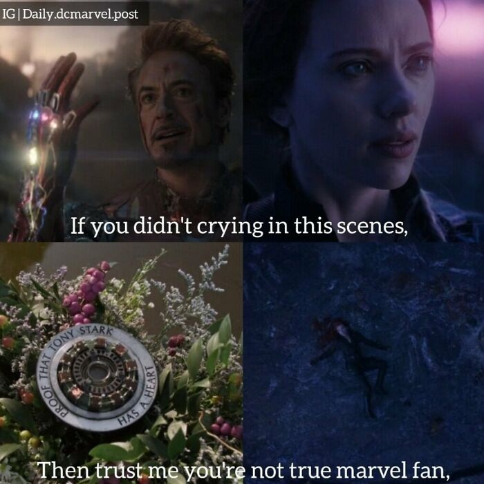 Four panels of emotional Marvel scenes with crying captions as a prime example of cringe memes.