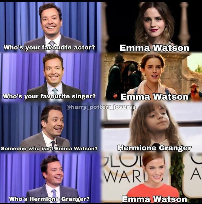 Four-panel cringe Harry Potter meme with Jimmy Fallon interviewing Emma Watson repeatedly.