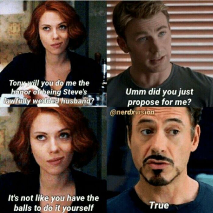 Four-panel cringe Marvel meme with Black Widow, Captain America, and Iron Man proposing marriage.
