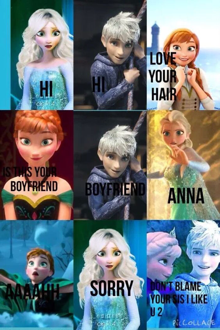 A multi-panel cringe meme featuring Elsa, Anna, and Jack Frost in a weird fan fiction dialogue.