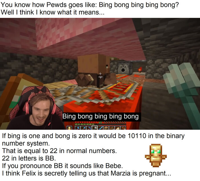 A cringe meme presenting a bizarre binary theory about PewDiePie and Marzia using Minecraft gameplay.