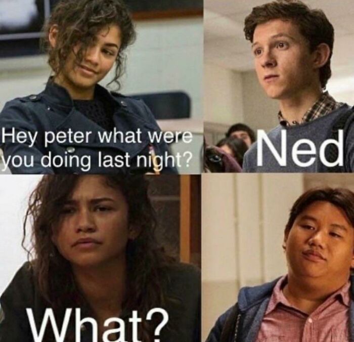A four-panel cringe meme featuring MJ, Peter Parker, and Ned from Spider-Man with text.
