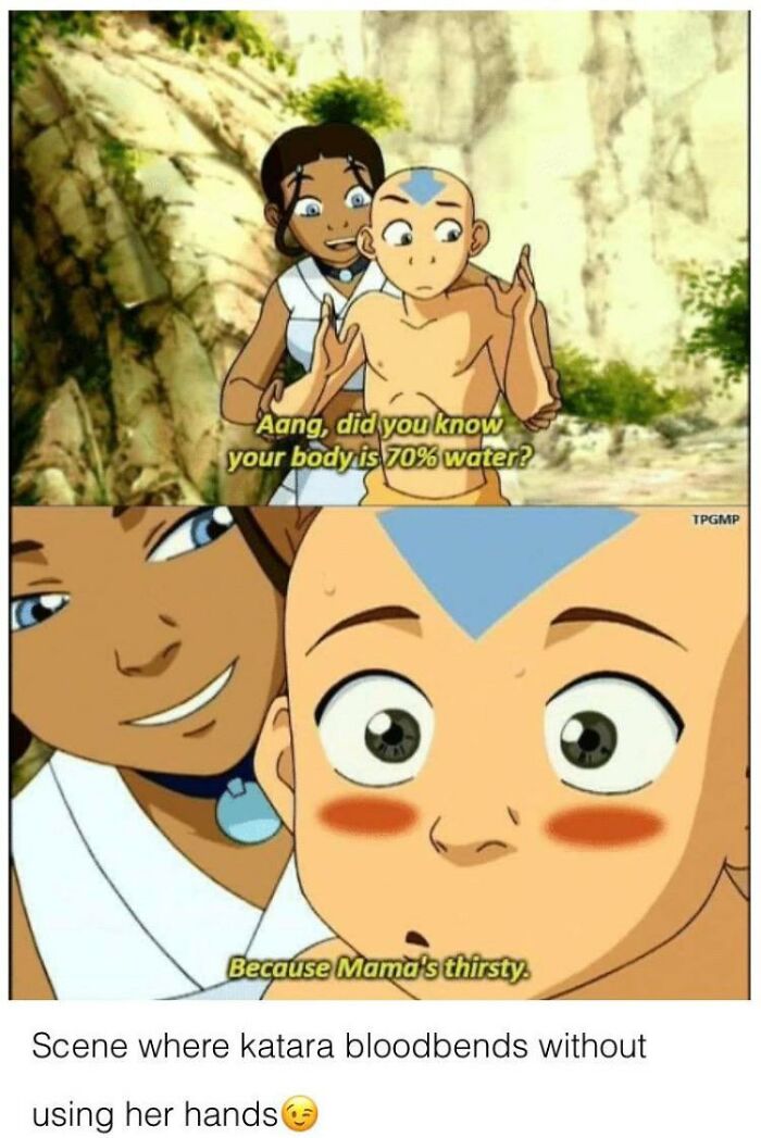 An Avatar the Last Airbender cringe meme with Katara and Aang with weird text subtitles.