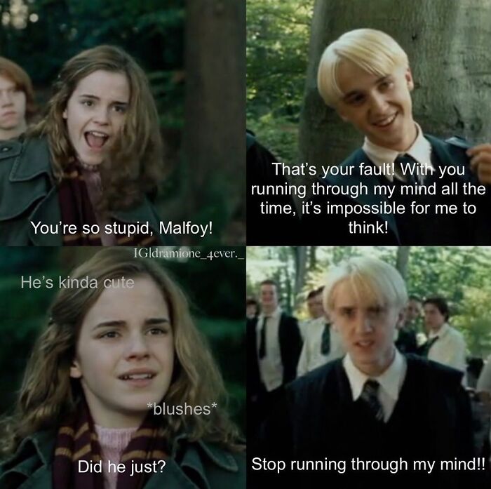 A Harry Potter cringe meme showing a fictional romantic dialogue between Hermione Granger and Draco Malfoy.