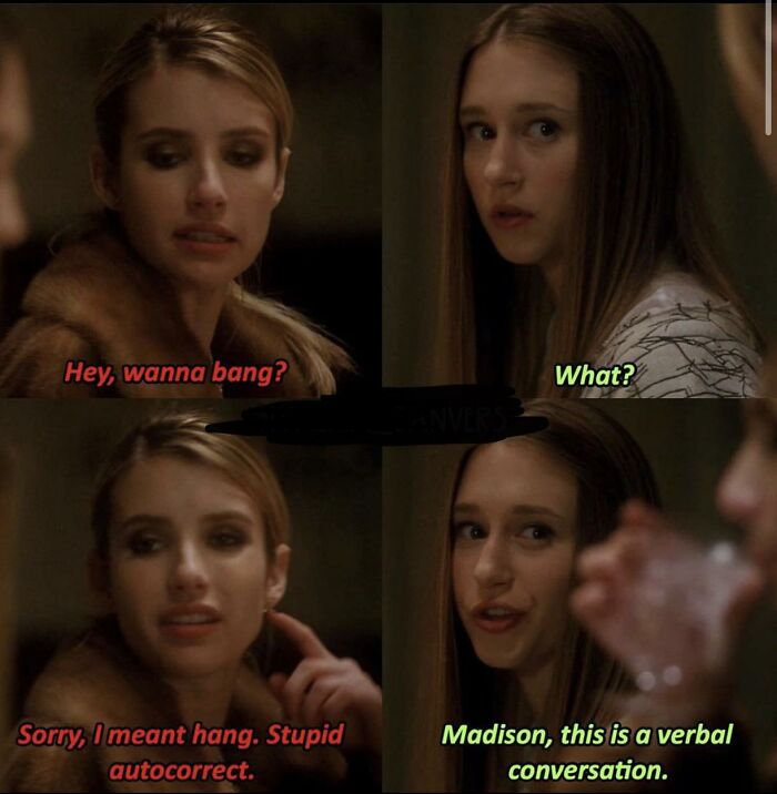 An American Horror Story cringe meme depicting a conversation between Madison Montgomery and Zoe Benson.
