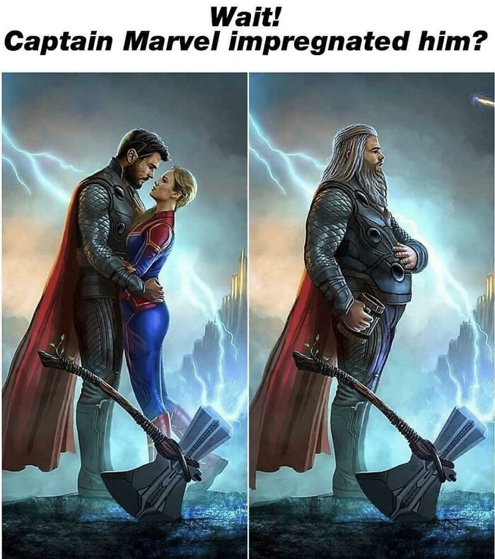 An MCU cringe meme showing Captain Marvel and Thor, implying he got pregnant.