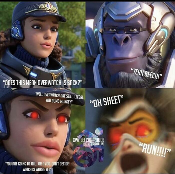 A four-panel cringe meme from the Overwatch fandom showing a conversation between Tracer and Winston.