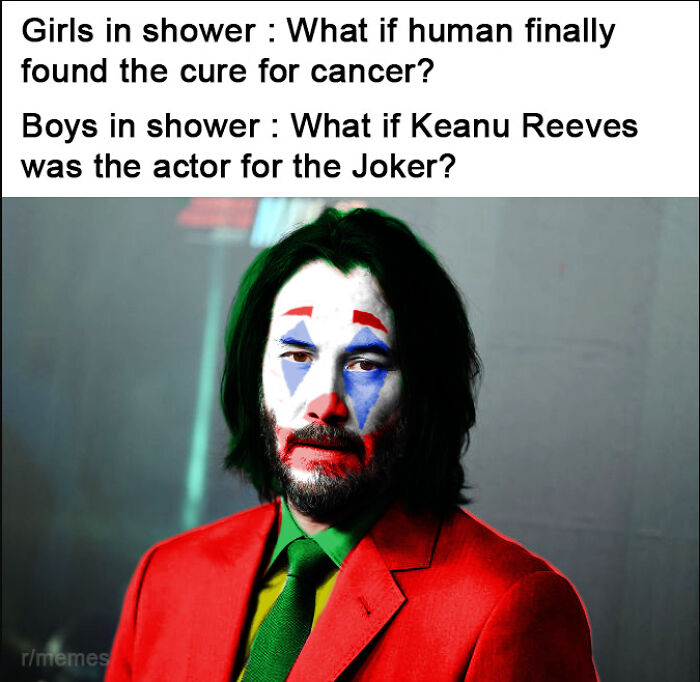 A cringe meme imagining Keanu Reeves dressed as the Joker under a girls vs boys comparison