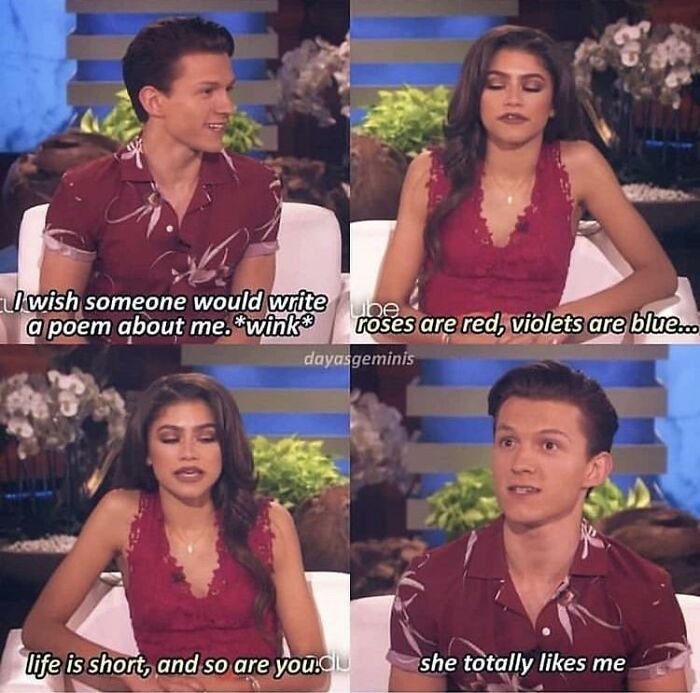 A cringe meme conversation between Tom Holland and Zendaya about a poem