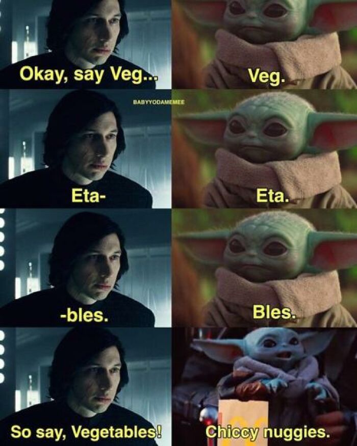 A cringe meme featuring Baby Yoda and Kylo Ren talking about chiccy nuggies.