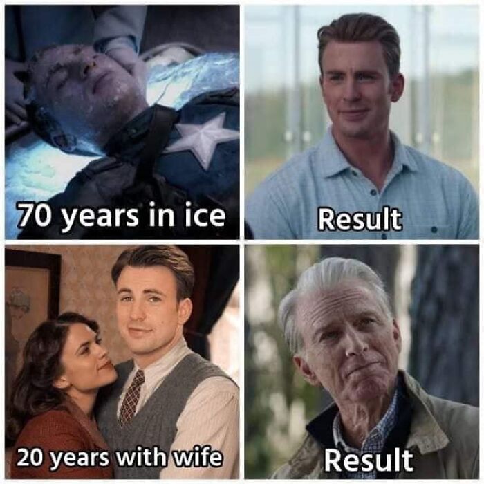 A cringe meme comparison of Captain America frozen in ice versus aged next to his wife