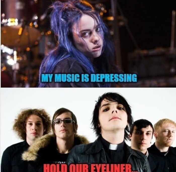 An emo cringe meme comparing Billie Eilish's music to My Chemical Romance.