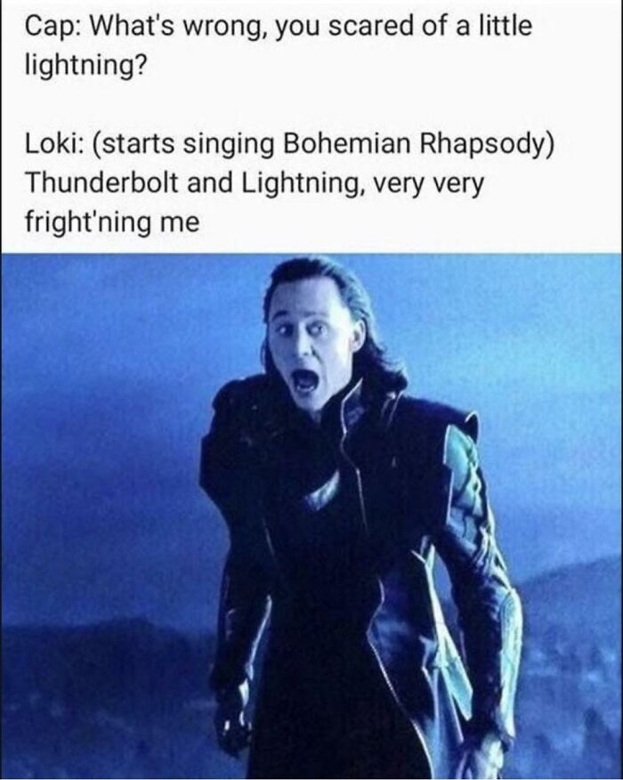 Loki singing Bohemian Rhapsody cringe meme with shocked face expression.