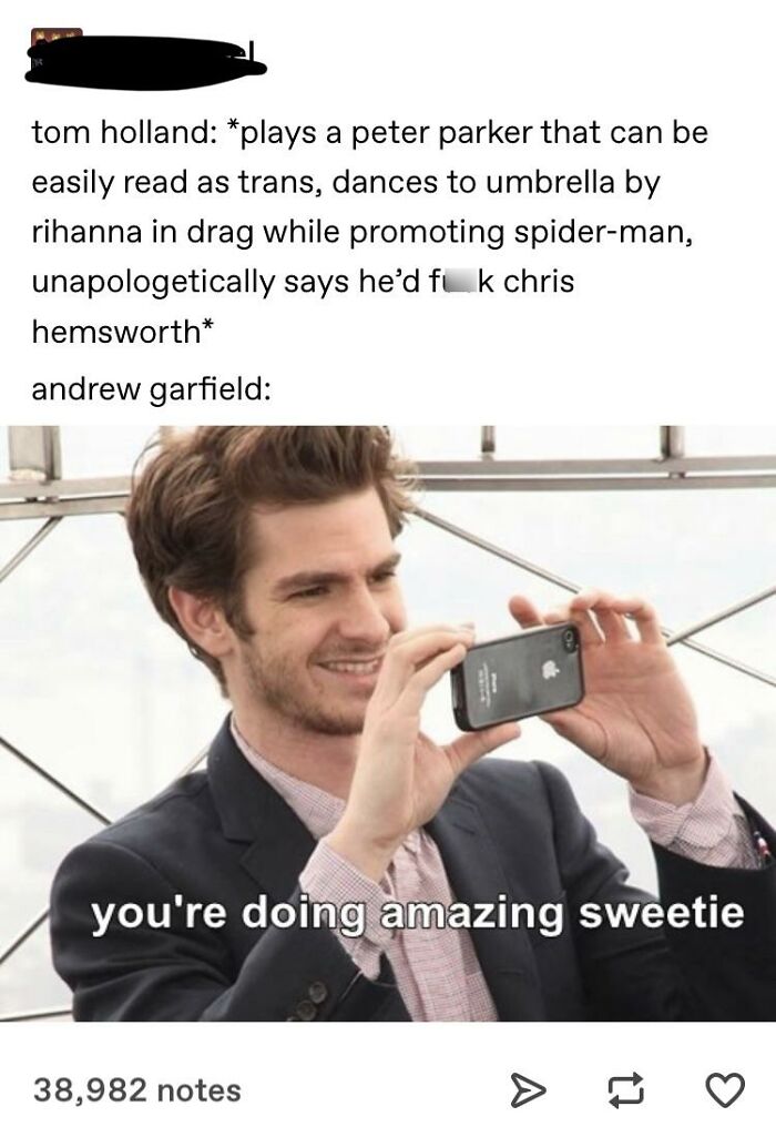 Tumblr text post meme with Andrew Garfield taking a photo and supporting Tom Holland.