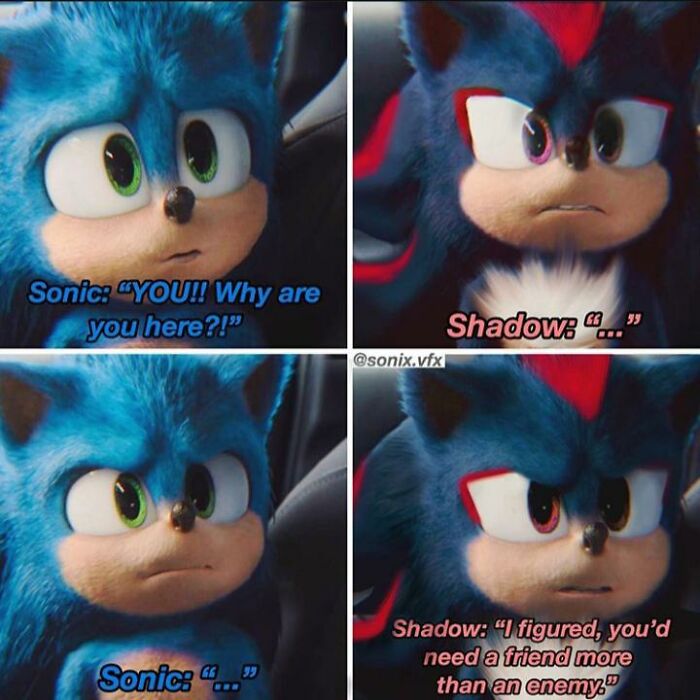 Four-panel cringe meme featuring Sonic and Shadow with dramatic text conversation.