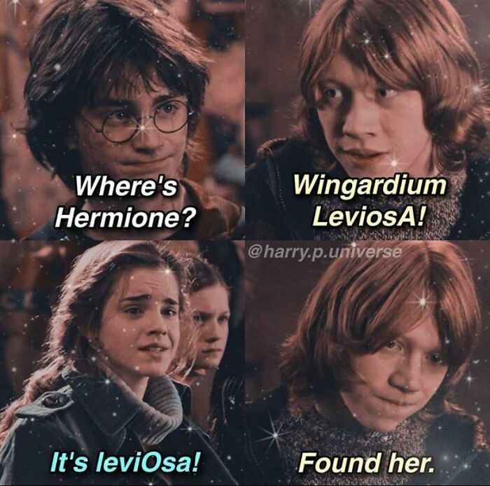 A four-panel Harry Potter cringe meme about Ron and Hermione with sparkly edits.