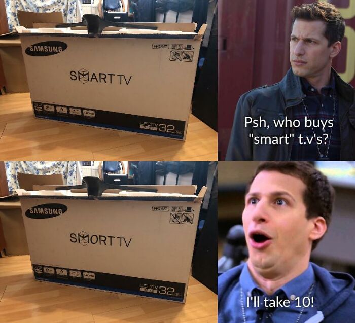 Four-panel smart TV cringe meme featuring Andy Samberg from Brooklyn Nine-Nine.