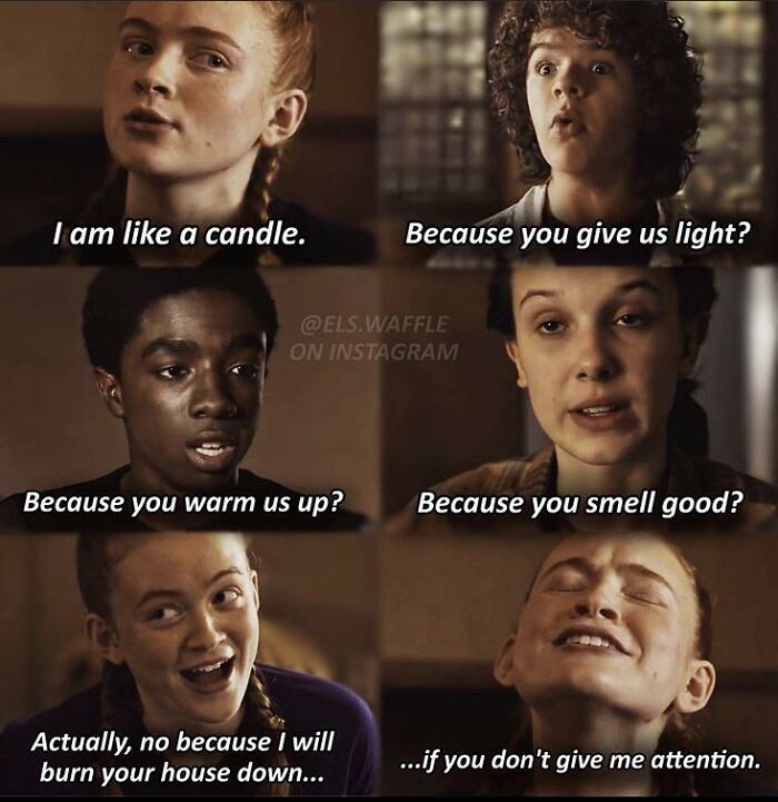 A cringe meme with Stranger Things characters where Max compares herself to a burning candle