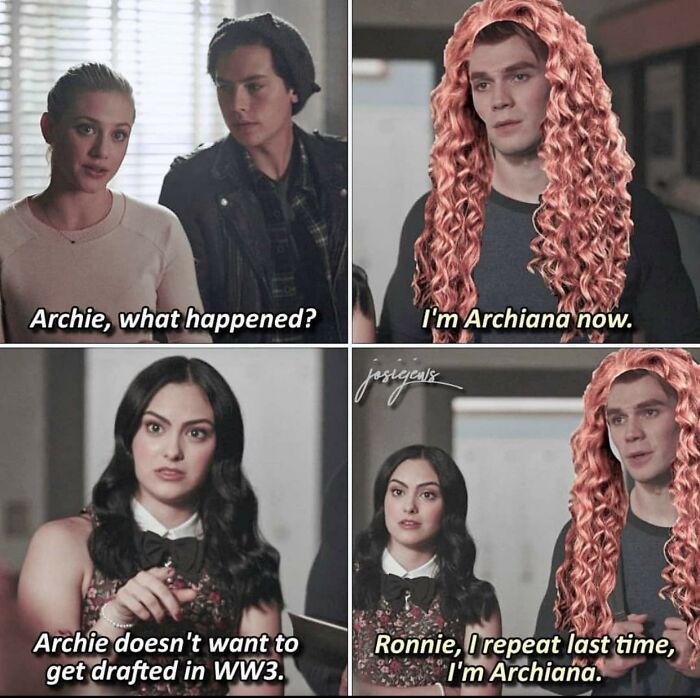 A cringe Riverdale meme showing Archie with a long pink wig edited on his head