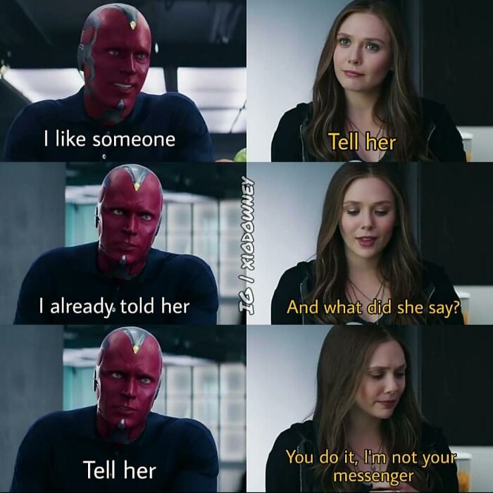 A Marvel fan meme featuring Vision and Scarlet Witch as a cringe meme about relationship messenger