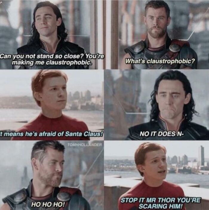 A cringe meme about Thor, Loki, and Spider-Man discussing claustrophobia and Santa Claus