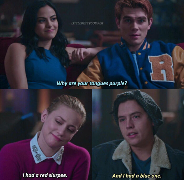 A cringe Riverdale fan meme showing Veronica, Archie, Betty, and Jughead talking about slurpees.