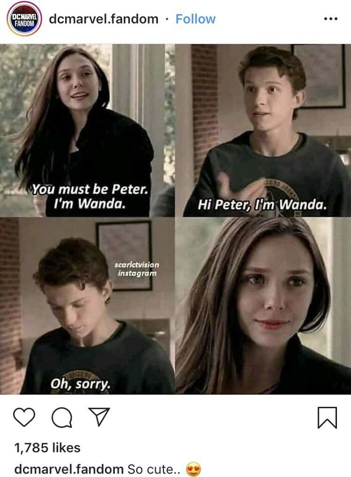 An awkward, cringe Marvel fan meme featuring Wanda Maximoff and Peter Parker talking.