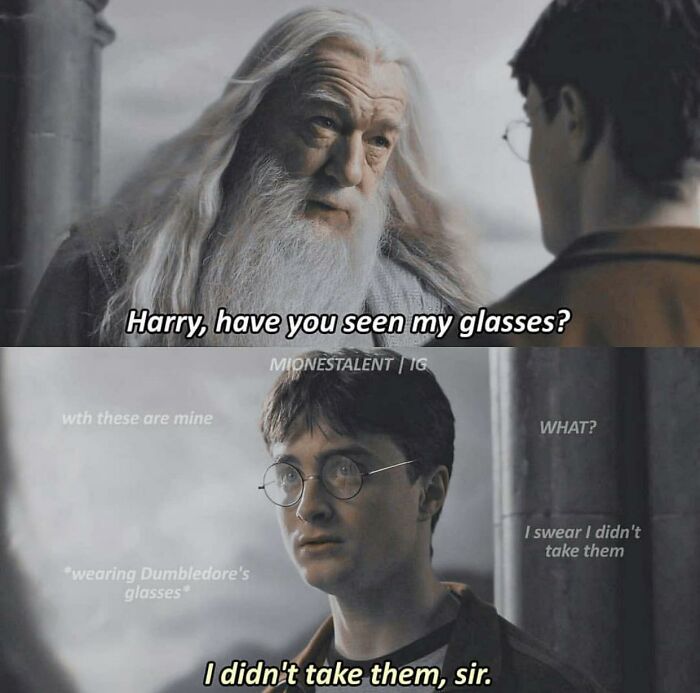 A cringe Harry Potter meme about Dumbledore asking for his glasses while Harry wears them.