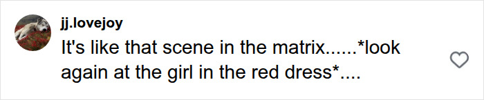 A screenshot of a social media comment from 'jj.lovejoy' referencing 'the girl in the red dress' and Matrix, about content. A screenshot of a social media comment from 'jj.lovejoy' referencing 'the girl in the red dress' and Matrix, about content.