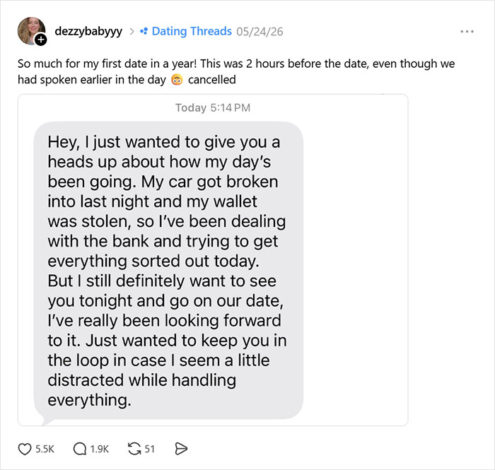Screenshot of a weird text message, a warning sign received before a date. Screenshot of a weird text message, a warning sign received before a date.