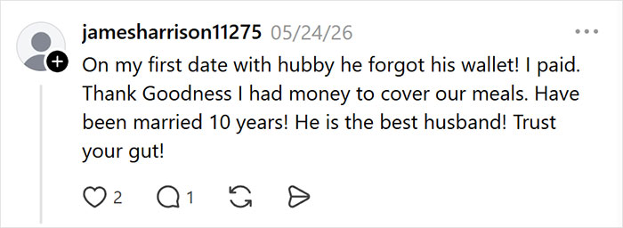 A social media comment from jamesharrison11275 on 05/24/26, about a first date text, trusting your gut about a warning sign. A social media comment from jamesharrison11275 on 05/24/26, about a first date text, trusting your gut about a warning sign.