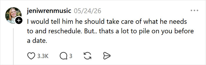 A social media user suggests rescheduling a date due to a weird text received, as it's too much to handle. A social media user suggests rescheduling a date due to a weird text received, as it's too much to handle.