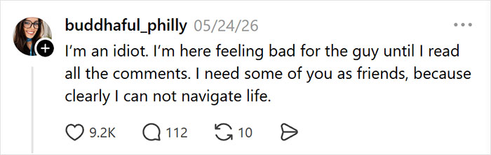 A social media user expresses regret for sympathizing with a man after reading comments about a weird text before a date. A social media user expresses regret for sympathizing with a man after reading comments about a weird text before a date.