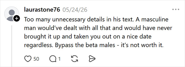 Screenshot of a comment from laurastone76 stating too many unnecessary details in his text, a warning sign. Screenshot of a comment from laurastone76 stating too many unnecessary details in his text, a warning sign.