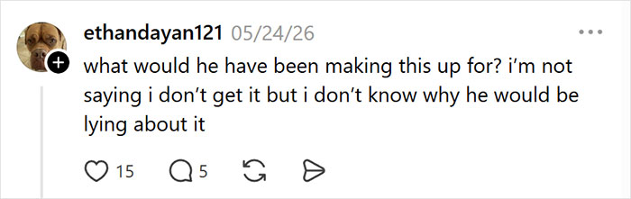 Screenshot of a comment from ethandayan121 questioning why someone would lie, a warning sign. Screenshot of a comment from ethandayan121 questioning why someone would lie, a warning sign.