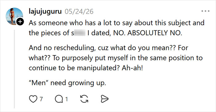 A social media user comments on the weird text she got before a date, stating 'NO. ABSOLUTELY NO.' A social media user comments on the weird text she got before a date, stating 'NO. ABSOLUTELY NO.'