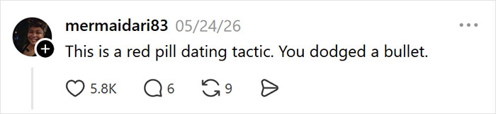 A social media user comments that the weird text before a date is a red pill dating tactic. A social media user comments that the weird text before a date is a red pill dating tactic.