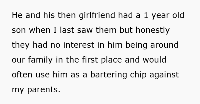 Screenshot of text discussing a brother's child and family disinterest, adding to the inheritance drama. Screenshot of text discussing a brother's child and family disinterest, adding to the inheritance drama.