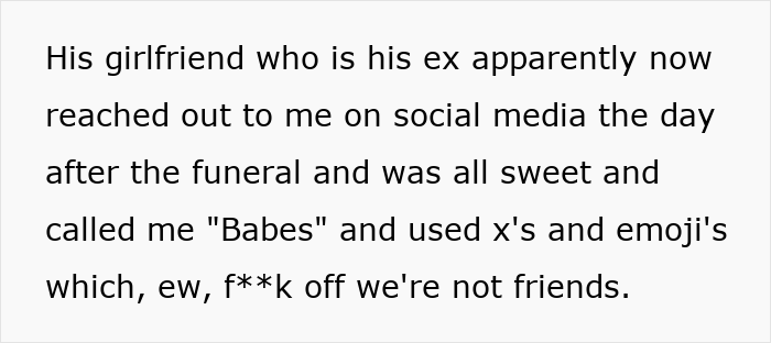 Text snippet detailing an ex-girlfriend's sweet overtures after a funeral, hinting at inheritance drama. Text snippet detailing an ex-girlfriend's sweet overtures after a funeral, hinting at inheritance drama.