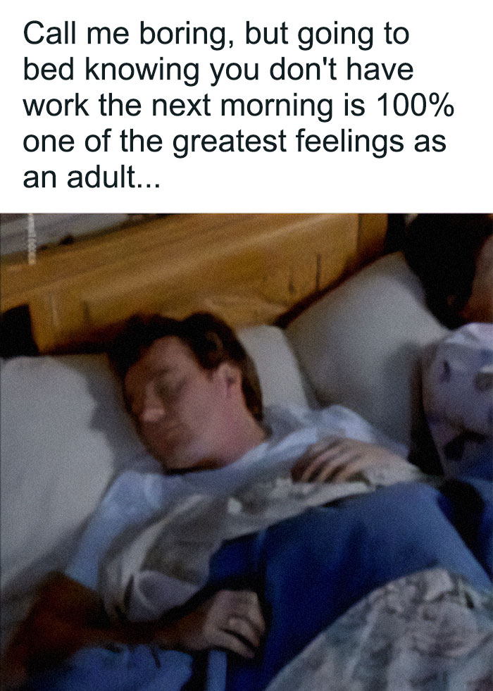 A relatable meme for adults showing someone sleeping peacefully, representing the joy of no work tomorrow.