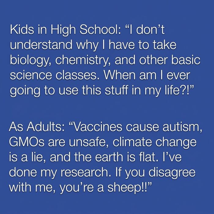 A hilariously relatable meme contrasting high school science views with adult conspiracy theories, aimed at adults.