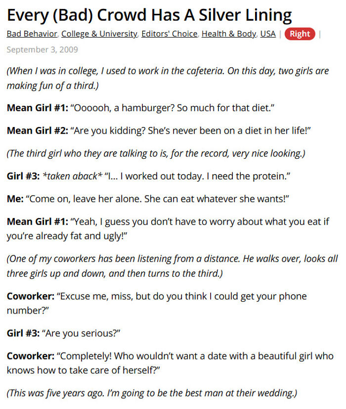 College cafeteria story of mean girls and a coworker's silver lining encounter