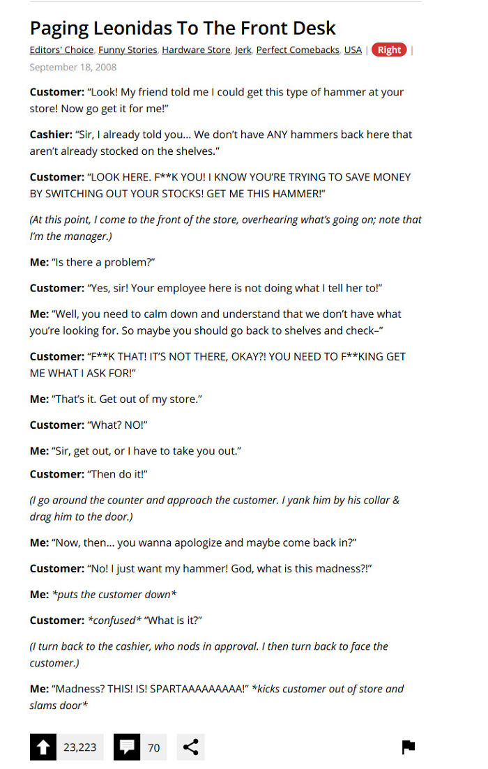 Funny customer confronts hardware store manager demanding a hammer in a retail business story