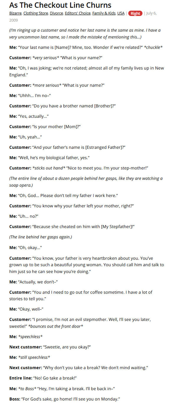 Checkout line customer confuses worker with family in a clothing store